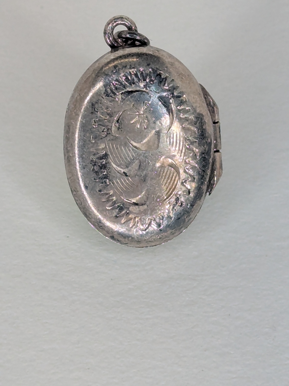 Oval Engraved Silver Locket Pendant - Crescent & Star Motif